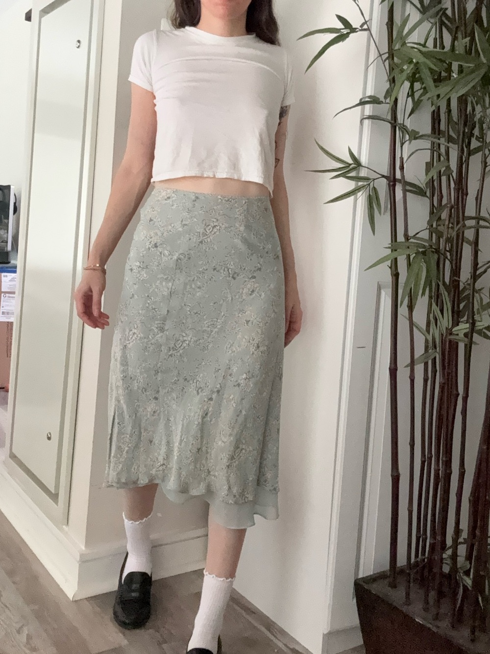 Vintage Light Blue Floral Midi Slip Skirt